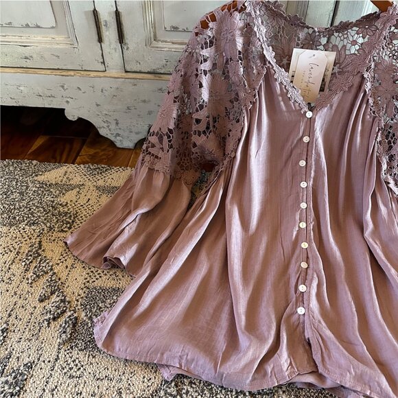 Cotton Blouse 3/4 Sleeve Button Front Floral Purple Top - Picture 5 of 8